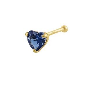 Solid 14K Yellow Gold Blue Sapphire Heart CZ Straight Nose Stud